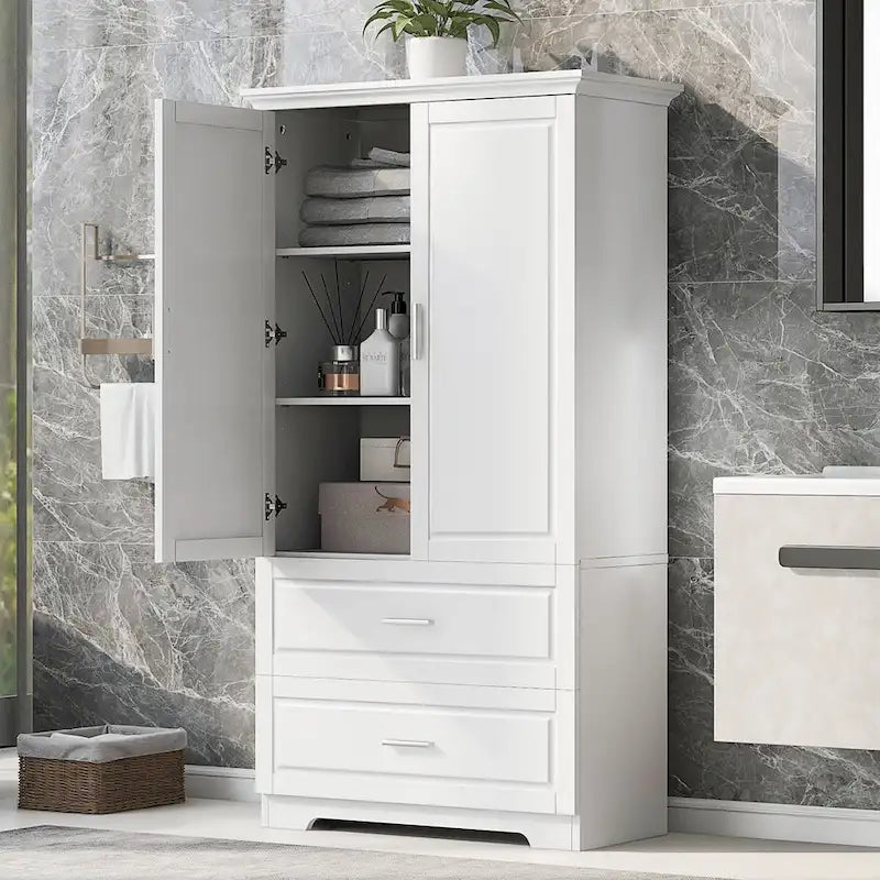 Tall Bathroom Storage Cabinet, Freestanding Storage Cabinet with Two Drawers and Adjustable Shelf