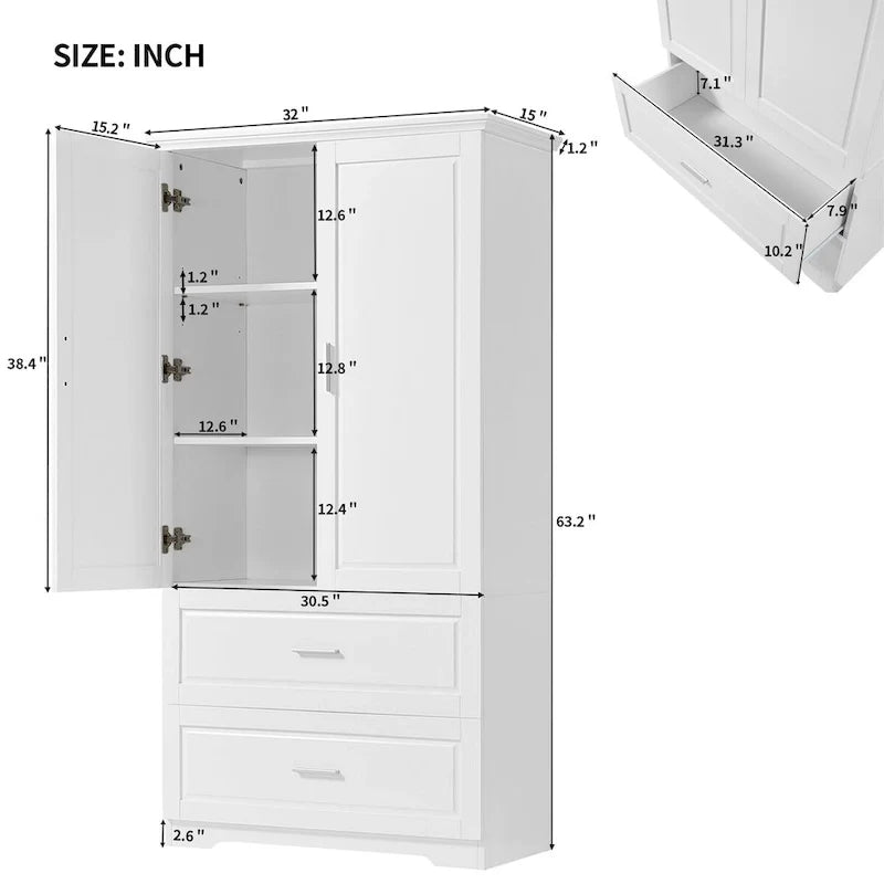 Tall Bathroom Storage Cabinet, Freestanding Storage Cabinet with Two Drawers and Adjustable Shelf