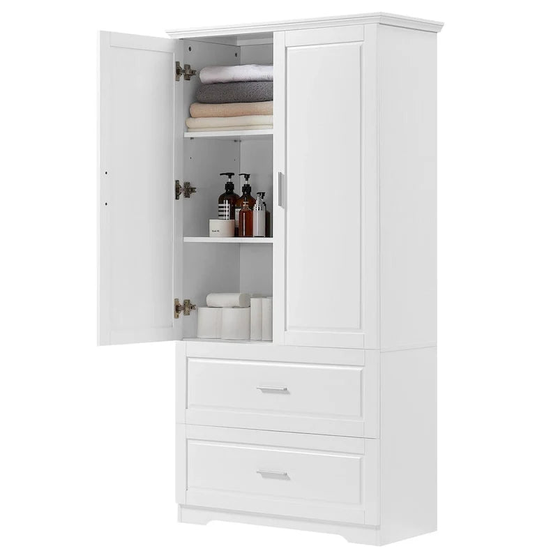 Tall Bathroom Storage Cabinet, Freestanding Storage Cabinet with Two Drawers and Adjustable Shelf