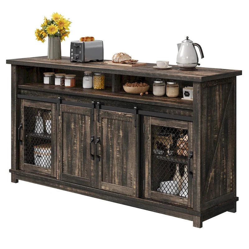 Credenza a buffet in stile rustico da fattoria da 63 W con 2 ante scorrevoli stile fienile e 2 ante a griglia trasparente