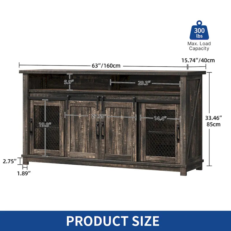 63 W Farmhouse Sideboard Buffet Cabinet with 2 Sliding Barn Doors & 2 Visual Grid Doors