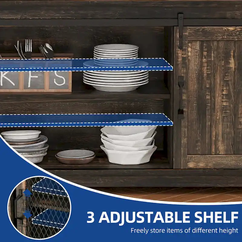 Credenza a buffet in stile rustico da fattoria da 63 W con 2 ante scorrevoli stile fienile e 2 ante a griglia trasparente
