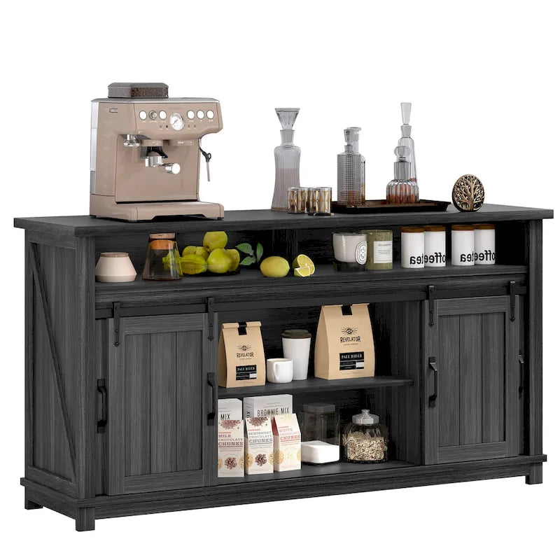 Credenza a buffet in stile rustico da fattoria da 63 W con 2 ante scorrevoli stile fienile e 2 ante a griglia trasparente