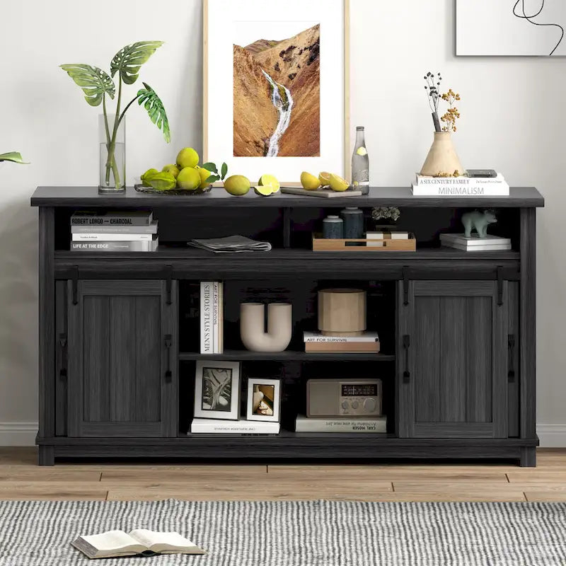 Credenza a buffet in stile rustico da fattoria da 63 W con 2 ante scorrevoli stile fienile e 2 ante a griglia trasparente