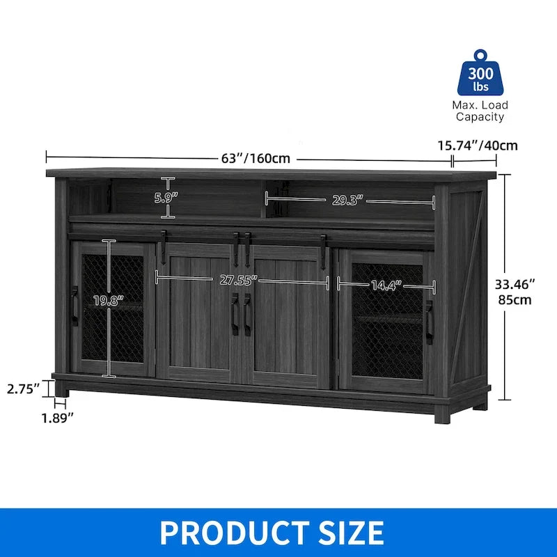 Credenza a buffet in stile rustico da fattoria da 63 W con 2 ante scorrevoli stile fienile e 2 ante a griglia trasparente