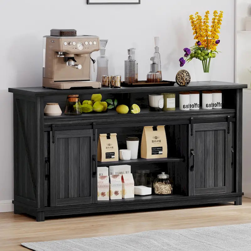 63 W Farmhouse Sideboard Buffet Cabinet with 2 Sliding Barn Doors & 2 Visual Grid Doors